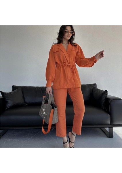 Be Büzgü Detayı Pantoon Ceket Takı Keten Turuncu