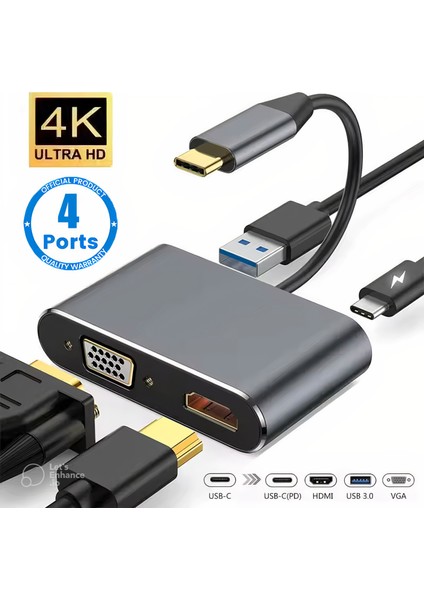4ın1 Çevirici Hub Adaptör Type-C To 4K Ultra Hd 1080P Hdmı/ Vga/ Pd Şarj/ USB 3.0 Dönüştürücü modelleri