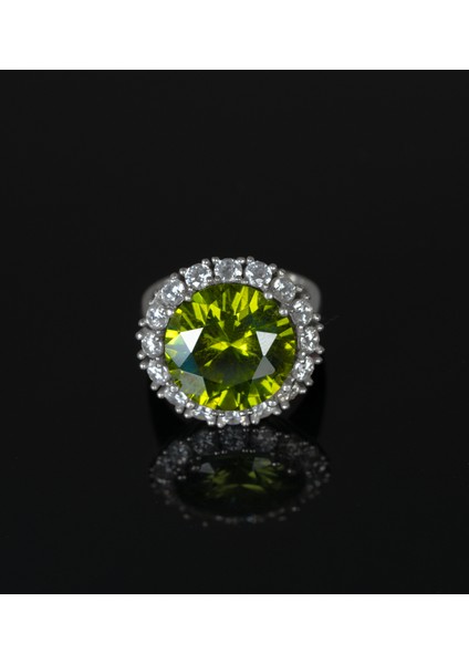 Yuvarlak Peridot ve Zirkon Taşlı 925 Ayar Gümüş Kadın Yüzük Parmağa Göre Ayarlanır 9.95 gr