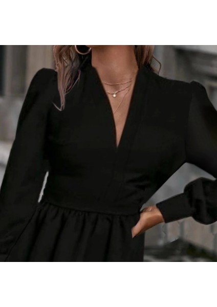 Kadın Uzun Kollu V Yaka Belden Hafif Pileli Scuba Krep Mini Boy Elbise fiyatları