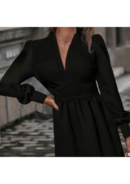 Kadın Uzun Kollu V Yaka Belden Hafif Pileli Scuba Krep Mini Boy Elbise modelleri