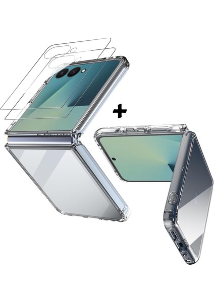 Samsung Galaxy Z Flip 7 Kılıf Köşe Korumalı Darbeye Dayanıklı Antişok Şeffaf Silikon Kapak + Ekran Koruyucu Cam Set 2in1