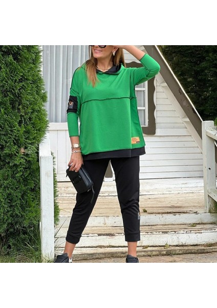 Kadın Yeşil Kapşonlu Etek Ucu Detay Arma Ters Dikiş Gorunumlu Ikili Takım