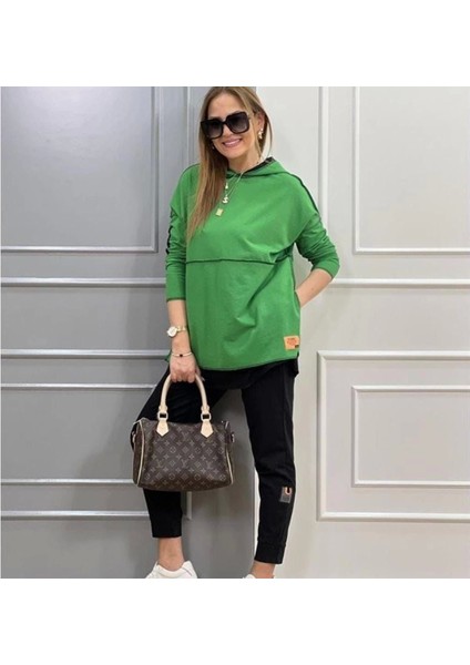Kadın Yeşil Kapşonlu Etek Ucu Detay Arma Ters Dikiş Gorunumlu Ikili Takım modelleri