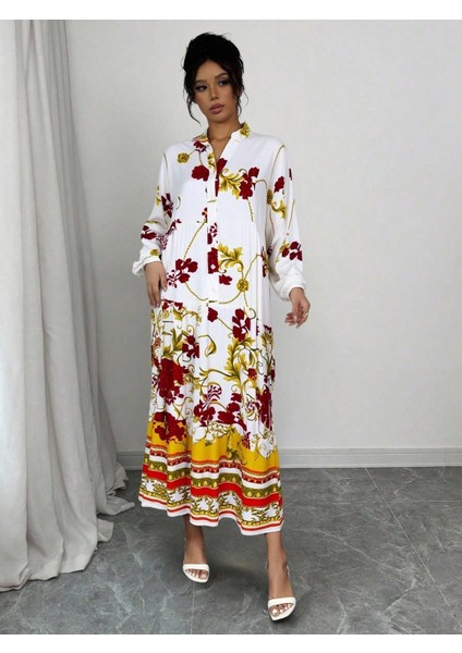 Kadın Çok Renkli Etnik Desenli Büyük Beden Elbise, Rahat ve Şık Yazlık Elbise, Günlük ve Özel Günler Için Salaş Maxi Elbise, Trend Büyük Beden Moda