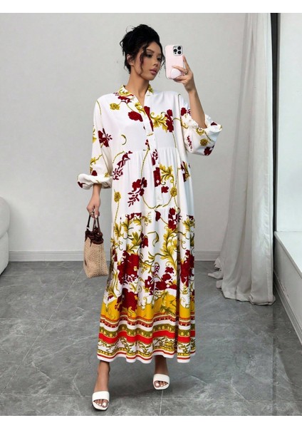 Kadın Çok Renkli Etnik Desenli Büyük Beden Elbise, Rahat ve Şık Yazlık Elbise, Günlük ve Özel Günler Için Salaş Maxi Elbise, Trend Büyük Beden Moda indirimleri