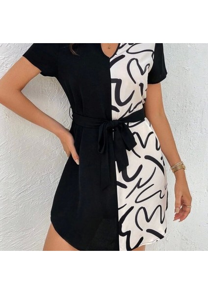 Kadın Kısa Kollu V Yakalı Çift Renkli Desenli Beli Kuşaklı Atlas Elbise fiyatları