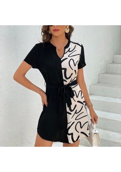 Kadın Kısa Kollu V Yakalı Çift Renkli Desenli Beli Kuşaklı Atlas Elbise modelleri