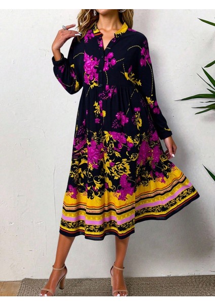 Kadın Siyah Etnik Desenli Büyük Beden Elbise, Rahat ve Şık Yazlık Elbise, Günlük ve Özel Günler Için Salaş Maxi Elbise, Trend Büyük Beden Moda