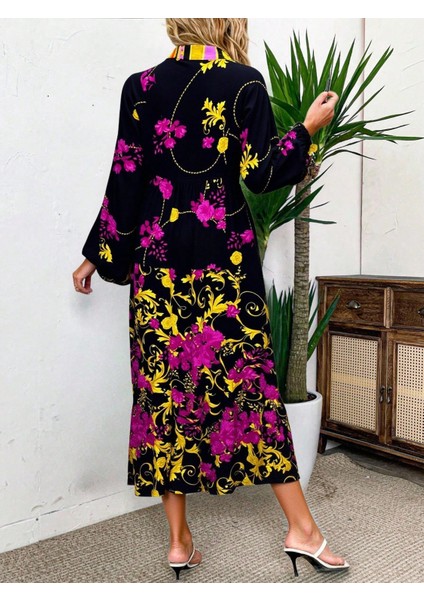 Kadın Siyah Etnik Desenli Büyük Beden Elbise, Rahat ve Şık Yazlık Elbise, Günlük ve Özel Günler Için Salaş Maxi Elbise, Trend Büyük Beden Moda fiyatları