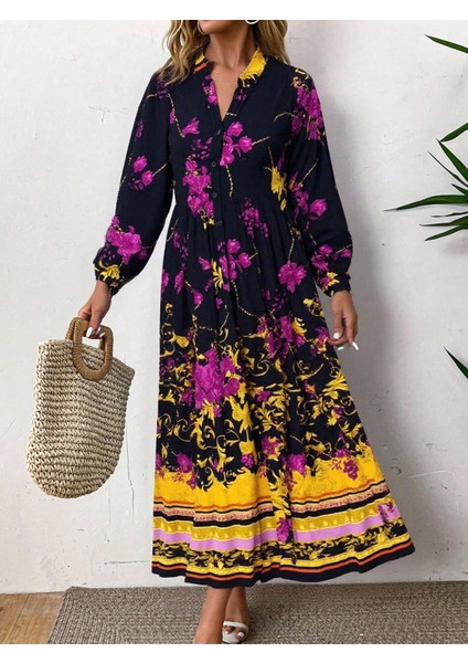 Kadın Siyah Etnik Desenli Büyük Beden Elbise, Rahat ve Şık Yazlık Elbise, Günlük ve Özel Günler Için Salaş Maxi Elbise, Trend Büyük Beden Moda fırsatları