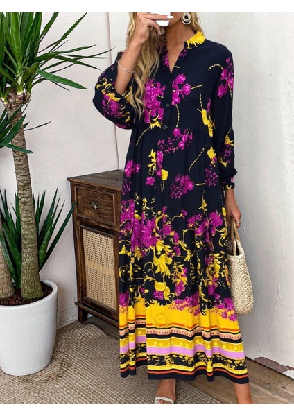 Kadın Siyah Etnik Desenli Büyük Beden Elbise, Rahat ve Şık Yazlık Elbise, Günlük ve Özel Günler Için Salaş Maxi Elbise, Trend Büyük Beden Moda indirimleri