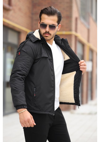 Erkek Içi Kürklü Su ve Rüzgar Geçirmez Kapüşonu Çıkarılabilir Kışlık Mont