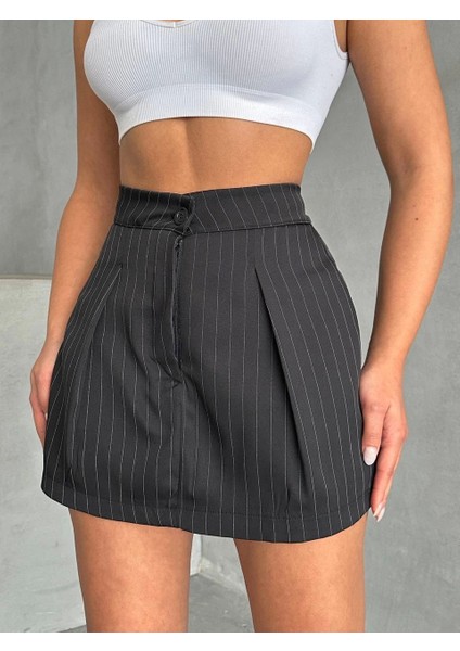 Çizgili Şort Etek Siyah