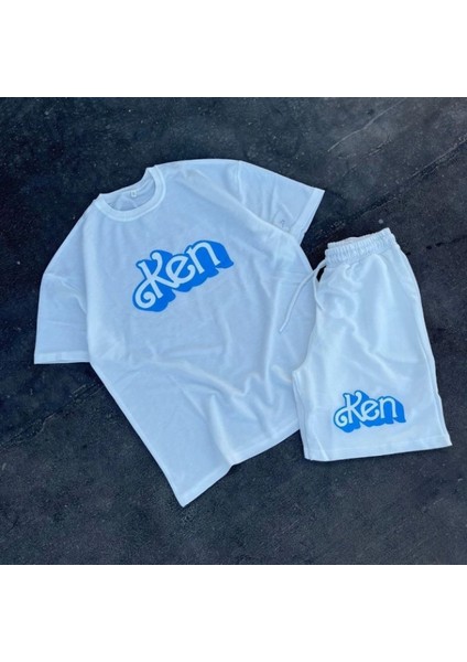 Erkek Baskılı Ikili Şort Takım Beyaz