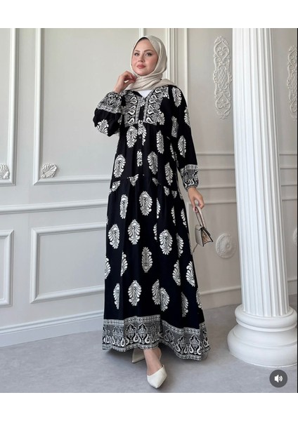Kadın Siyah Etnik Desenli Düğmeli Elbise, Rahat ve Şık Yazlık Elbise, Günlük ve Özel Günler Için Maxi Elbise, Modern ve Trend Büyük Beden Moda