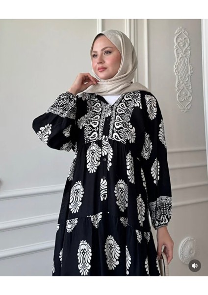 Kadın Siyah Etnik Desenli Düğmeli Elbise, Rahat ve Şık Yazlık Elbise, Günlük ve Özel Günler Için Maxi Elbise, Modern ve Trend Büyük Beden Moda fiyatları
