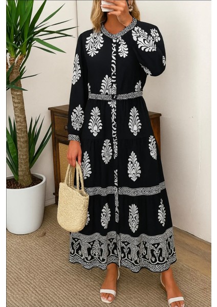 Kadın Siyah Etnik Desenli Düğmeli Elbise, Rahat ve Şık Yazlık Elbise, Günlük ve Özel Günler Için Maxi Elbise, Modern ve Trend Büyük Beden Moda indirimleri