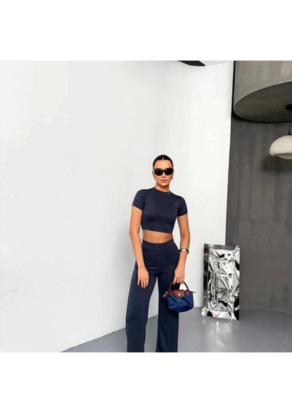 Osy Odal Yumuşak Dokulu Kumaş Kısa Kollu Crop Alt Ispanyol Paça Pantalon Ikili Takım Füme