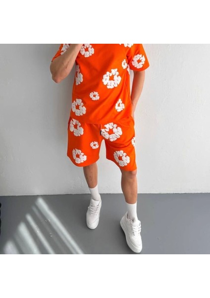 Iki Iplik Kumaş Baskılı Tshirt Şortlu Takım Turuncu