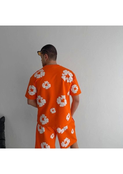 Iki Iplik Kumaş Baskılı Tshirt Şortlu Takım Turuncu modelleri