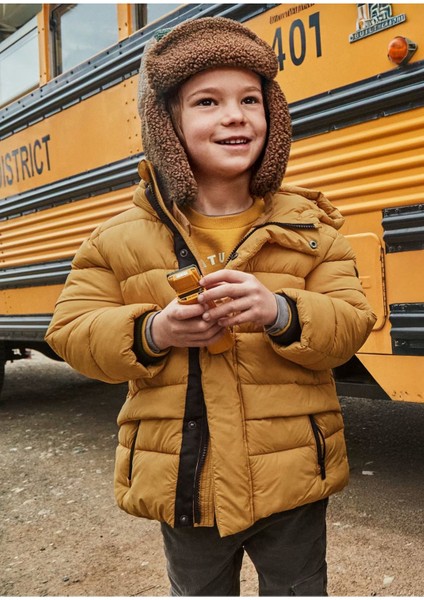 Erkek Çocuk Kapüşonlu Uzun Şişme Dolgulu Mont 4422 Sarı