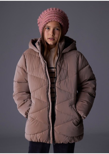 Kız Çocuk Dolgulu Yumuşak Doku Uzun Kalın Kışlık Mont 7436 Kahverengi