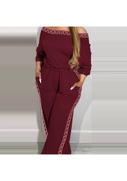 Kadın Uzun Kollu Omuzlardan Açık Beli Lastikli Cepli Şerit Desenli Viskon Iki Iplik Tulum