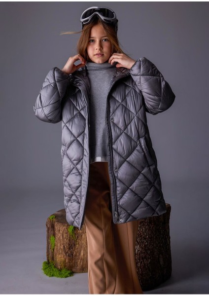 Kız Çocuk Dolgulu Yumuşak Tüylü Astarlı Uzun Kışlık Mont 7432 Gri modelleri