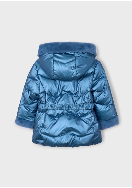 Kız Çocuk Kürk Süslemeli Kapüşonlu Kemerli Parlak Uzun Mont 4448 Mavi fiyatları
