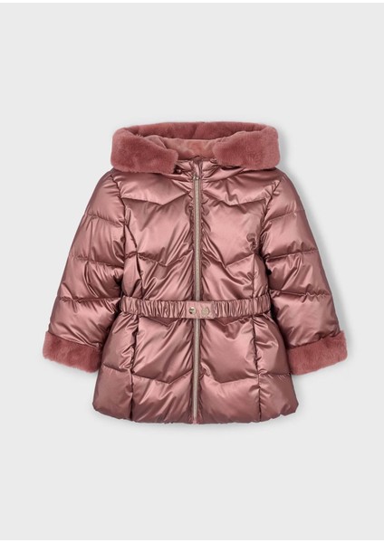 Kız Çocuk Kürk Süslemeli Kapüşonlu Kemerli Parlak Uzun Mont 4448 Kırmızı