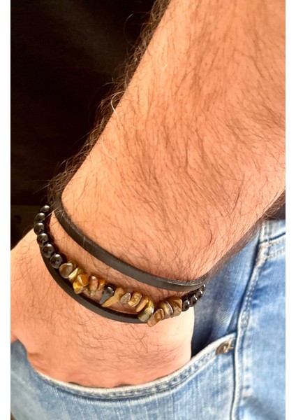 Kaplan Gözü,oniks ve Hakiki Deri ile Türk El Yapımı Erkek Bileklik 21 cm