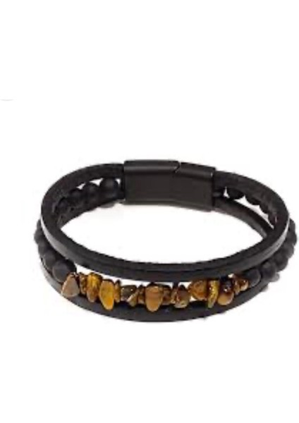 Kaplan Gözü,oniks ve Hakiki Deri ile Türk El Yapımı Erkek Bileklik 21 cm fiyatları