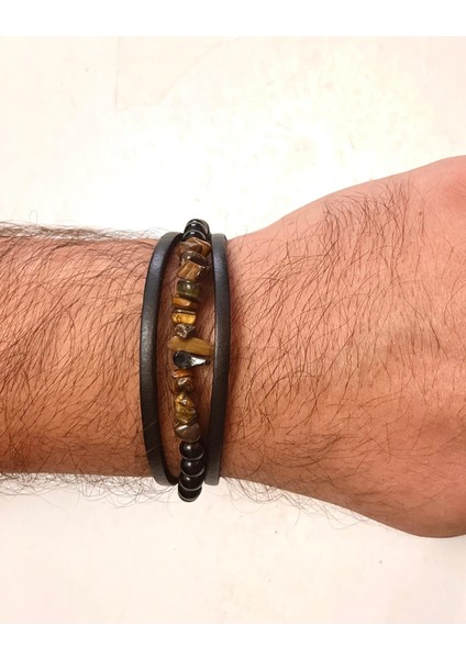 Kaplan Gözü,oniks ve Hakiki Deri ile Türk El Yapımı Erkek Bileklik 21 cm modelleri