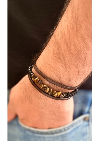 Kaplan Gözü,oniks ve Hakiki Deri ile Türk El Yapımı Erkek Bileklik 21 cm