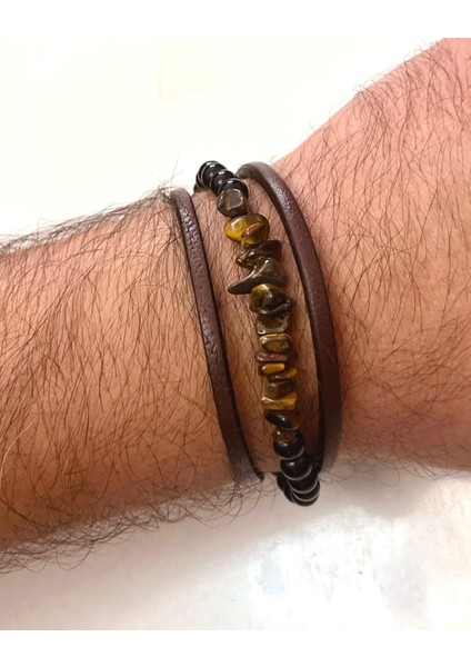 Kaplan Gözü,oniks ve Hakiki Deri ile Türk El Yapımı Erkek Bileklik 21 cm modelleri