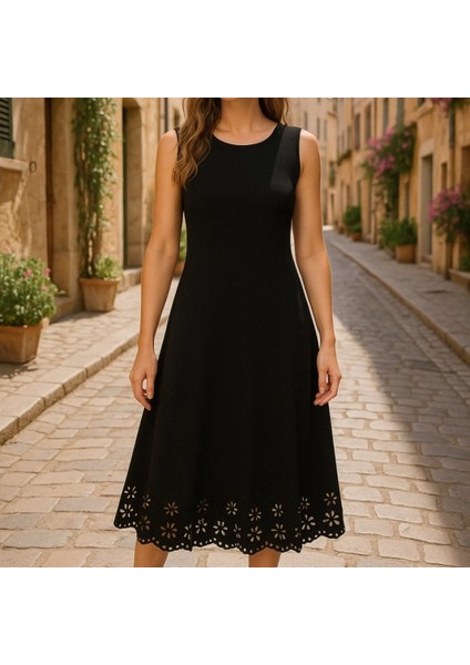 Kadın Kolsuz Etek Ucu Lazer Kesim Çiçek Desenli Midi Boy Ithal Krep Elbise