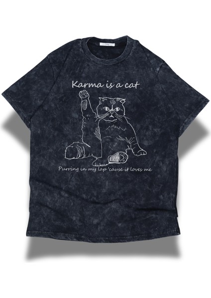 Unisex Karma Is A Cat Baskılı Yıkamalı Tişört, Oversize Taylor Swift Baskılı Eskitme T-Shirt