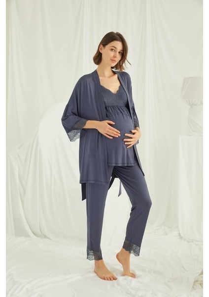 Monamise Dantelli Hamile Lohusa 3'lü Pijama Takımı