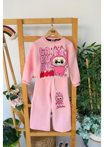 Labubu Detaylı Çimalı Kışlık Kız Çocuk takım - Pembe