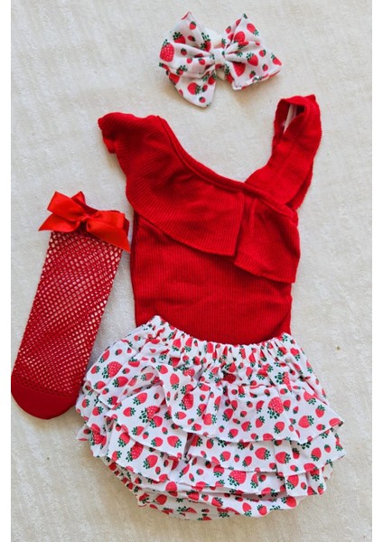 Kız Bebek Ribana Tek Kol Askılı Çıtçıtlı Kırmızı Body Fırfırlı Çilek Desen Etek File Çorap Set