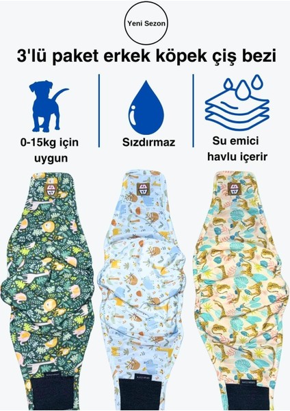 Desenli Erkek Köpek Çiş Bezleri -Erkek Köpek Külot 3'lü Avantajlı Paket Su Geçirmez ve Yıkanabilir
