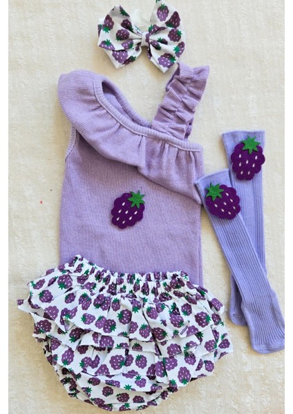 Kız Bebek Ribana Tek Kol Askılı Çıtçıtlı Body Fırfırlı Desenli Etek Ahududu Keçeli Çorap Set