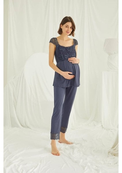 Monamise Dantelli Önü Düğmeli Hamile Lohusa Pijama Takımı