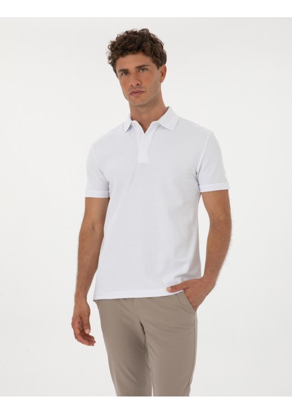Erkek Beyaz Slim Fit %100 Pamuk Kıvrılmaz Amerikan Pike Polo Yaka Basic Tişört 50306154-VR013