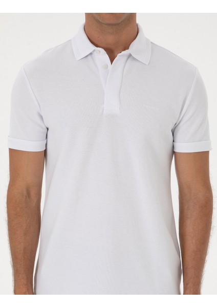 Erkek Beyaz Slim Fit %100 Pamuk Kıvrılmaz Amerikan Pike Polo Yaka Basic Tişört 50306154-VR013