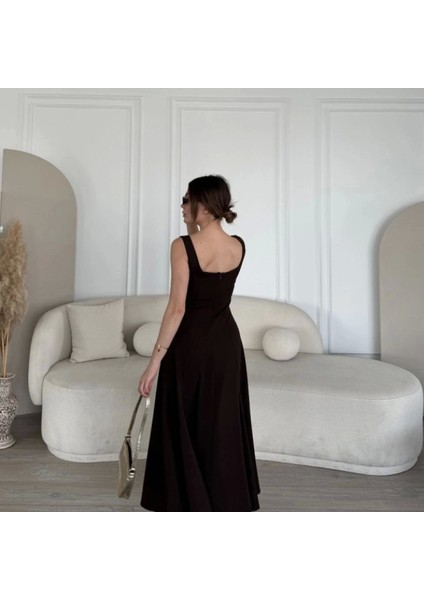 Irt Dekolteli Kolsuz Uzun Elbise Kahverengi modelleri