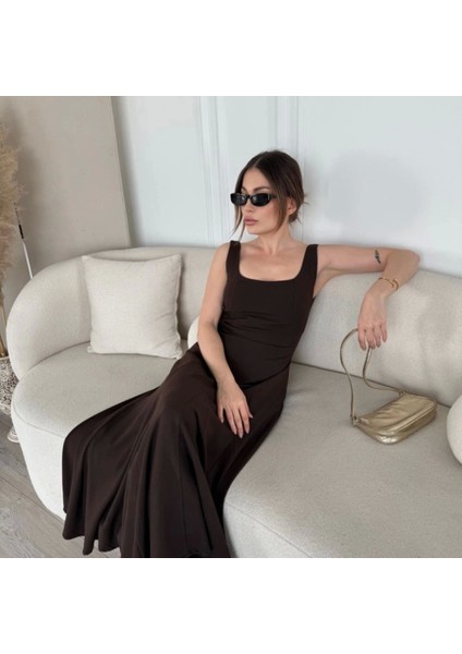 Irt Dekolteli Kolsuz Uzun Elbise Kahverengi fırsatları