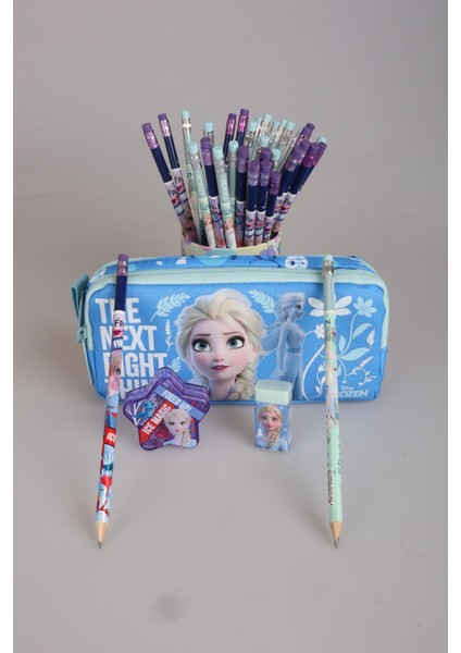Lisanslı Frozen Elsa Kalem Çantası,yıldız Kalemtraş,silgi,kurşun ve Versatil Uçlu Kalem Seti