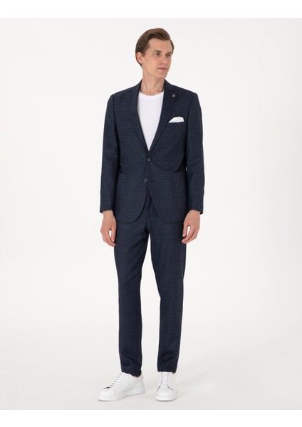 Erkek Lacivert Ex. Slim Fit Yün Karışımlı Ekose Takım Elbise 50302272-VR033